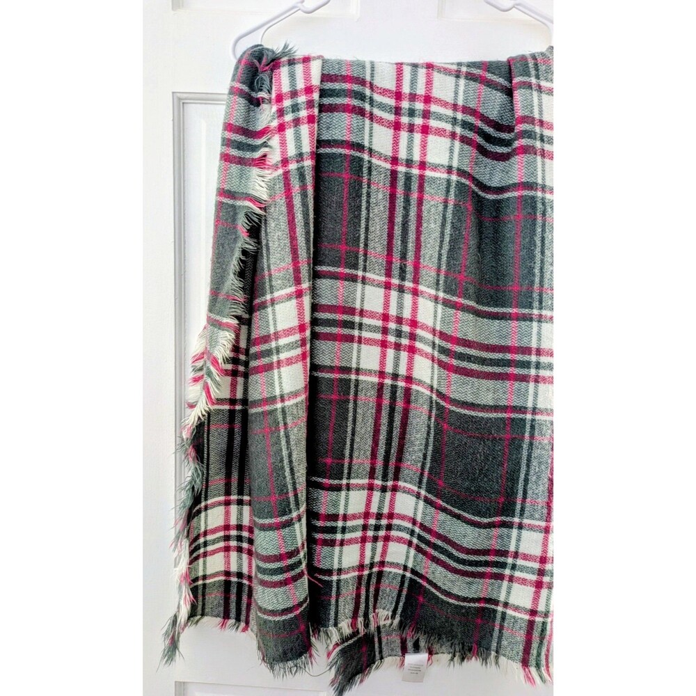 Plaid Boho Blanket Scarf with Fringe – Oversized Acrylic Wrap 58” x 56”